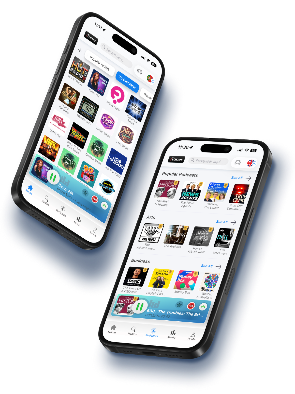 myTuner Radio running on two iPhones, showing popular radio stations and the podcast catalogue